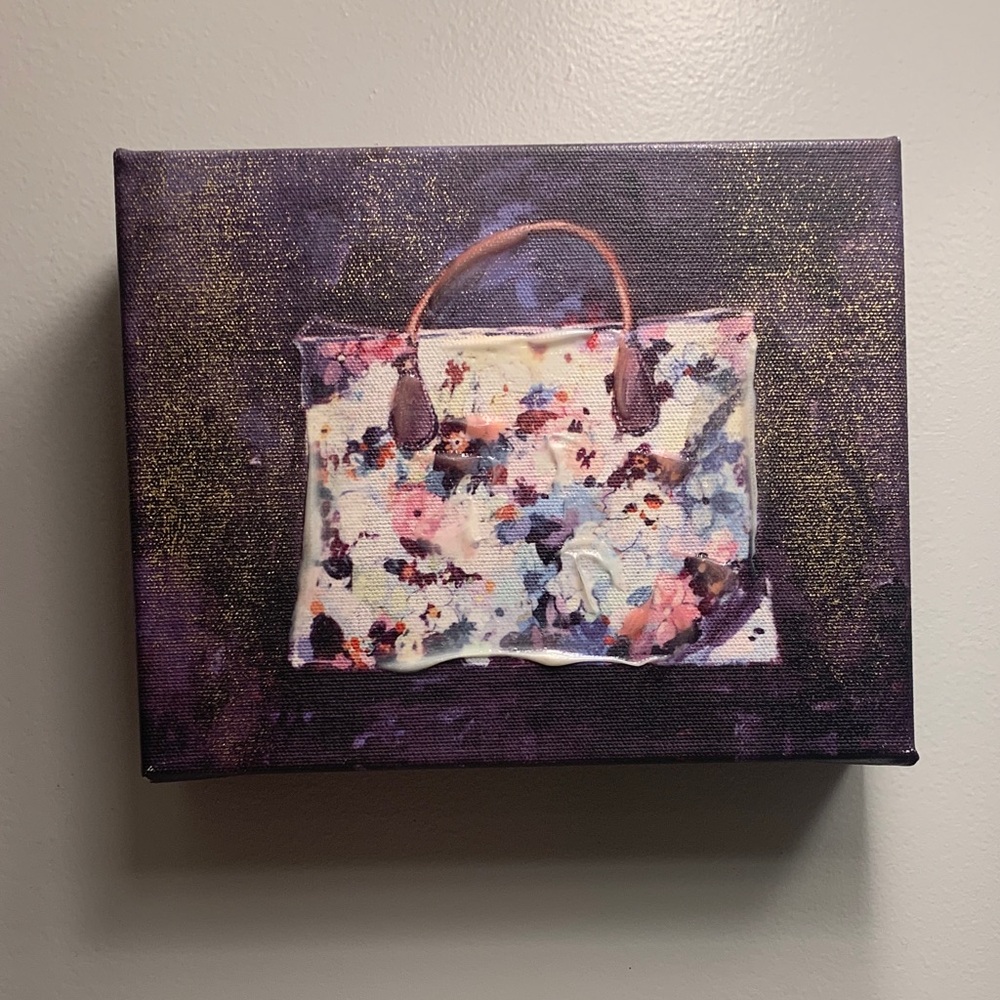 Floral Handbag Canvas Painting in Purple Pink Blue White with Gold details